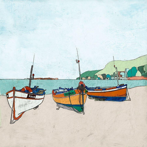 Three Boats White Modern Wood Framed Art Print by Cacho, E.L.