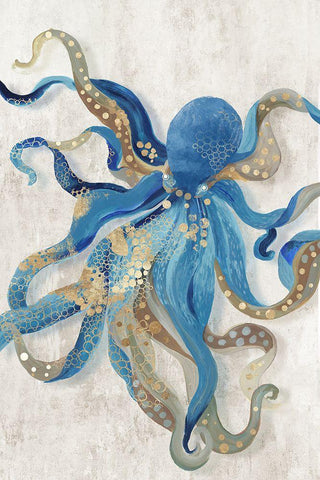 Blue Octopus  White Modern Wood Framed Art Print with Double Matting by Wilson, Aimee