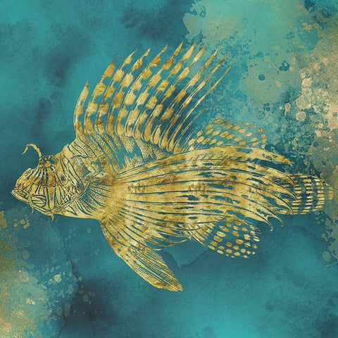 Lionfish of Gold on Aqua  Black Modern Wood Framed Art Print with Double Matting by Zalewski, Christine