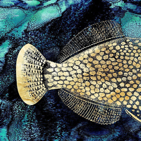 Blue Ink and Golden Fish I  Gold Ornate Wood Framed Art Print with Double Matting by Zalewski, Christine