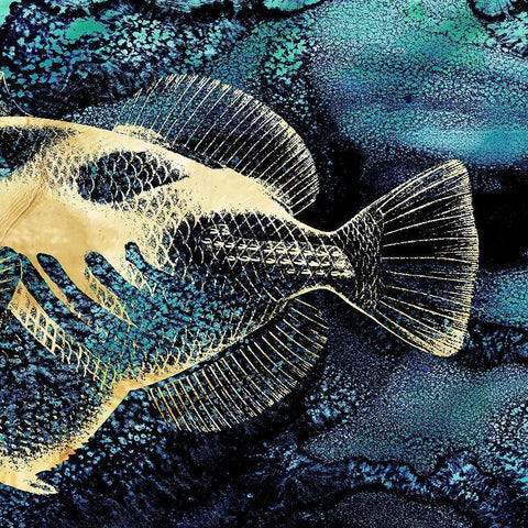 Blue Ink and Golden Fish II Black Modern Wood Framed Art Print by Zalewski, Christine