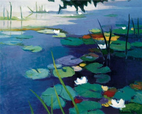 Water Lilies White Modern Wood Framed Art Print with Double Matting by Asoma, Tadashi