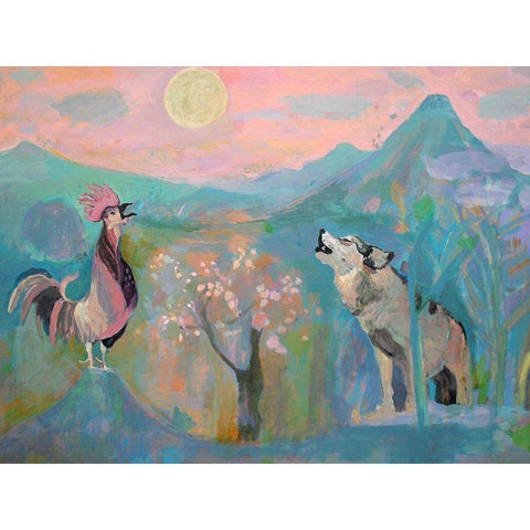 The Wolf and the Rooster Sing by Moonlight Gold Ornate Wood Framed Art Print with Double Matting by Alvarez, Iria Fernandez