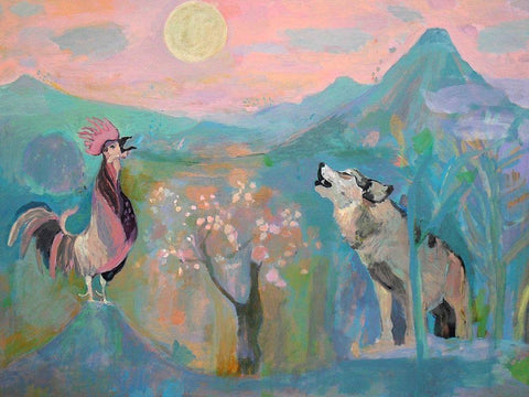 The Wolf and the Rooster Sing by Moonlight White Modern Wood Framed Art Print with Double Matting by Alvarez, Iria Fernandez