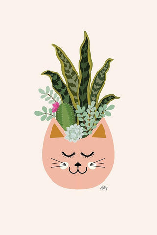 Cats and Plants White Modern Wood Framed Art Print with Double Matting by Annie Bailey Art