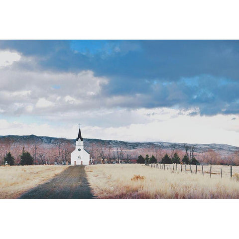 Little Church on the Prairie White Modern Wood Framed Art Print by Annie Bailey Art