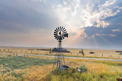 Windmill Sunset Black Ornate Wood Framed Art Print with Double Matting by Annie Bailey Art