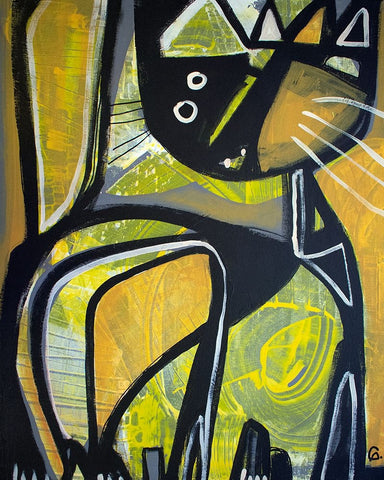 One Yellow Cat White Modern Wood Framed Art Print with Double Matting by Avila, Gabriela