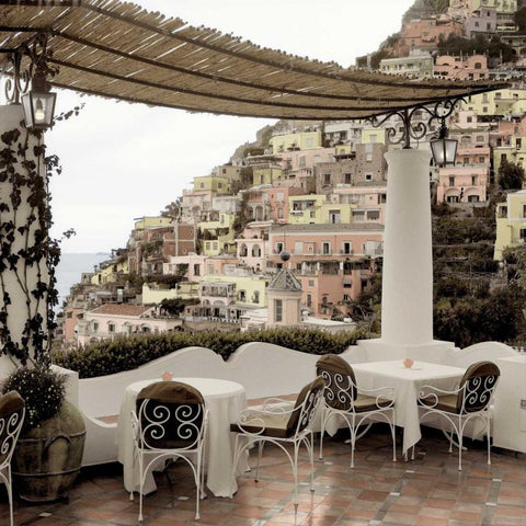 Positano Caffe - 1 White Modern Wood Framed Art Print by Blaustein, Alan