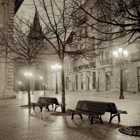 Oviedo Cathedral y Bancs - 2 Black Modern Wood Framed Art Print with Double Matting by Blaustein, Alan