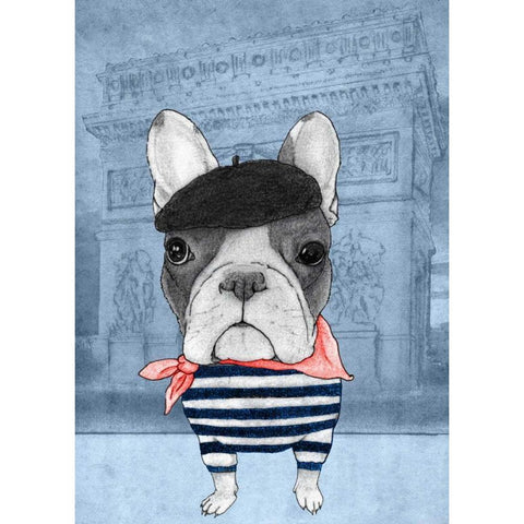 French Bulldog with Arc de Triomphe Black Modern Wood Framed Art Print with Double Matting by Barruf