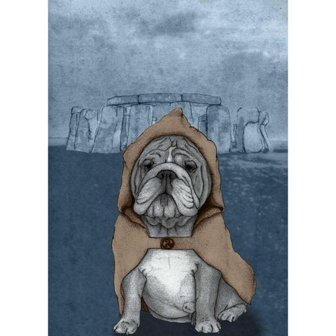 English Bulldog with Stonehenge White Modern Wood Framed Art Print by Barruf