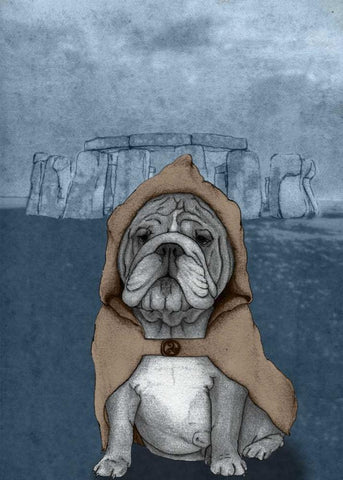 English Bulldog with Stonehenge White Modern Wood Framed Art Print with Double Matting by Barruf