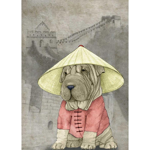 Shar Pei with the Great Wall White Modern Wood Framed Art Print by Barruf