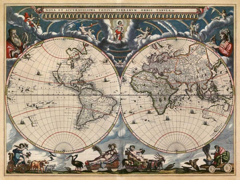 Nova et Accuratissima Totius Terrarum Orbis Tabula White Modern Wood Framed Art Print with Double Matting by Blaeu, Joan