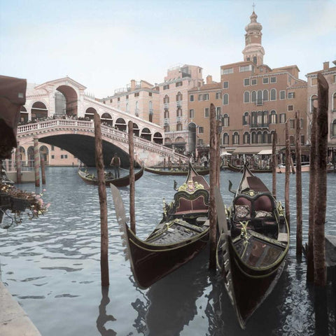 Rialto Bridge Gondolas White Modern Wood Framed Art Print with Double Matting by Blaustein, Alan