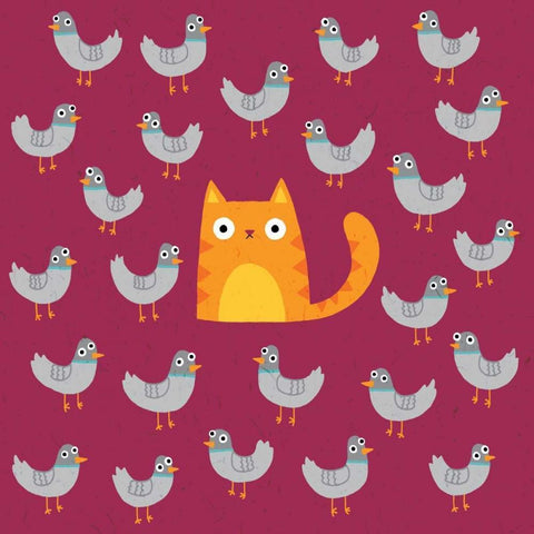 Cat amongst the Pigeons White Modern Wood Framed Art Print by Buxton, Michael