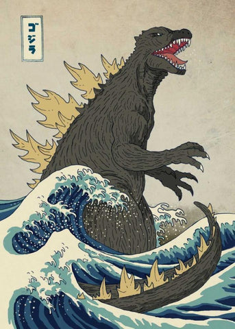 The Great Monster off Kanagawa White Modern Wood Framed Art Print with Double Matting by Buxton, Michael