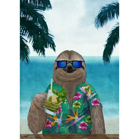 Sloth on Summer Holidays White Modern Wood Framed Art Print by Barruf