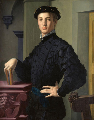 Portrait of a Young Man Black Ornate Wood Framed Art Print with Double Matting by Bronzino, Agnolo