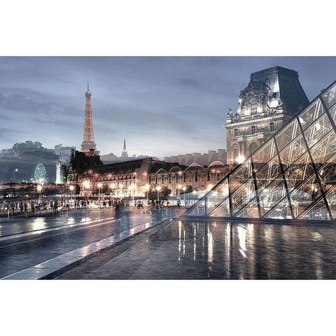 Louvre with Eiffel Tower Vista #1 Black Modern Wood Framed Art Print with Double Matting by Blaustein, Alan