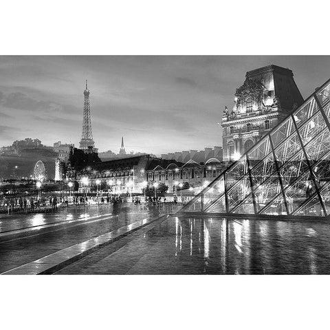 Louvre with Eiffel Tower Vista #2 White Modern Wood Framed Art Print by Blaustein, Alan