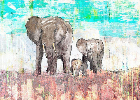 Elephant Family Black Ornate Wood Framed Art Print with Double Matting by Baran, John