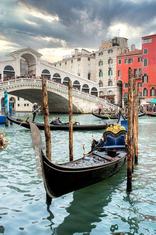 Gondola Rialto Bridge #1 White Modern Wood Framed Art Print with Double Matting by Blaustein, Alan