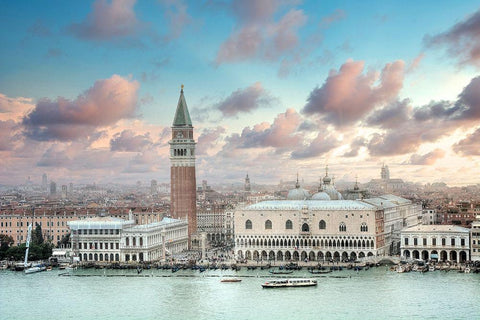 Piazza San Marco Panoramic Vista #1 White Modern Wood Framed Art Print with Double Matting by Blaustein, Alan