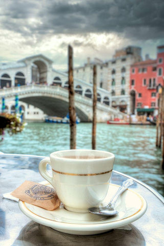 Caffe Rialto Bridge #1 White Modern Wood Framed Art Print with Double Matting by Blaustein, Alan