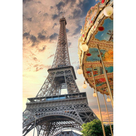 Eiffel Tower and Carousel I White Modern Wood Framed Art Print by Blaustein, Alan