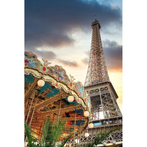 Eiffel Tower and Carousel II White Modern Wood Framed Art Print by Blaustein, Alan