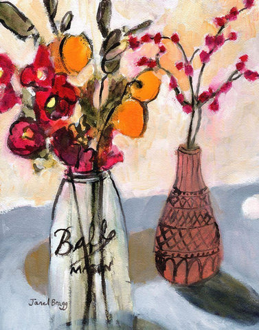 Still Life with Mason Jar and Flowers Black Ornate Wood Framed Art Print with Double Matting by Bragg, Janel