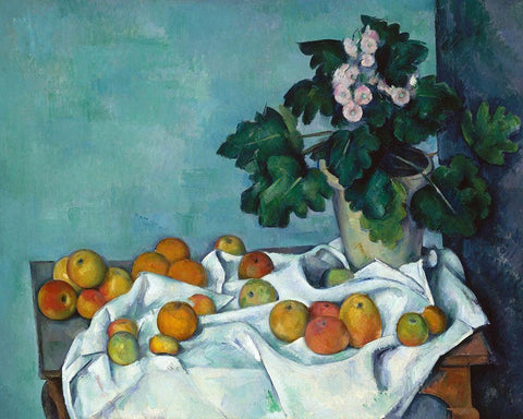 Still Life with Apples and a Pot of Primroses White Modern Wood Framed Art Print with Double Matting by Cezanne, Paul