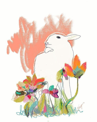 Lamb and Flowers White Modern Wood Framed Art Print with Double Matting by Christine, Niya