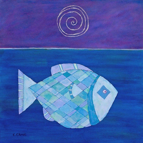 Fish With Spiral Moon White Modern Wood Framed Art Print by Craig, Casey