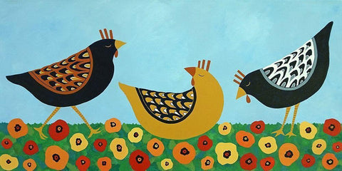 Hens and Poppies Black Ornate Wood Framed Art Print with Double Matting by Craig, Casey