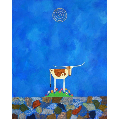 Longhorn on Wildflower Hill Gold Ornate Wood Framed Art Print with Double Matting by Craig, Casey
