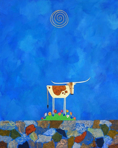 Longhorn on Wildflower Hill White Modern Wood Framed Art Print with Double Matting by Craig, Casey