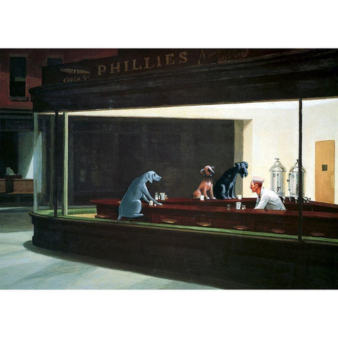 Hopper Night Hounds Gold Ornate Wood Framed Art Print with Double Matting by Chameleon Design, Inc.