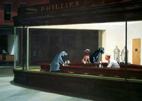 Hopper Night Hounds Black Ornate Wood Framed Art Print with Double Matting by Chameleon Design, Inc.