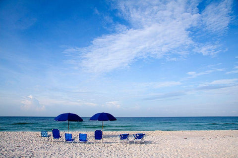 Blue Chairs and Umbrellas White Modern Wood Framed Art Print with Double Matting by Cannon, George