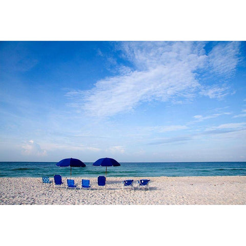 Blue Chairs and Umbrellas Black Modern Wood Framed Art Print with Double Matting by Cannon, George