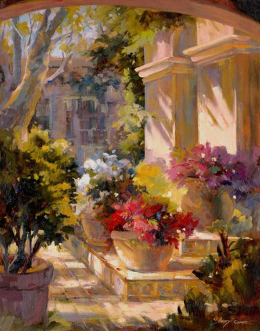 Flowered Courtyard Black Ornate Wood Framed Art Print with Double Matting by Carr, Betty