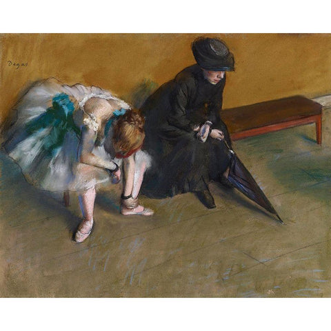 Waiting Black Modern Wood Framed Art Print with Double Matting by Degas, Edgar