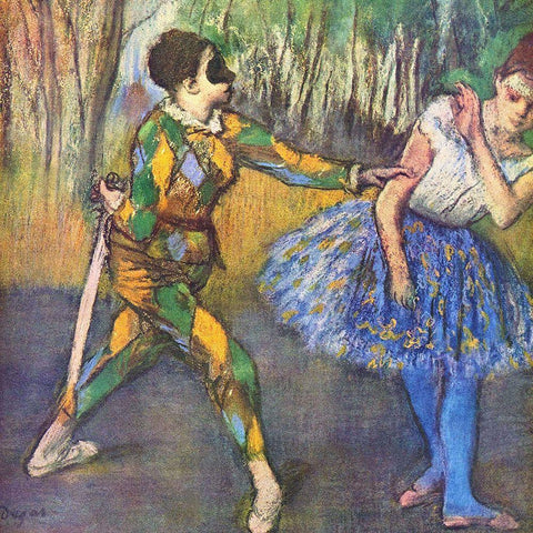 Harlequin and Colombine White Modern Wood Framed Art Print with Double Matting by Degas, Edgar