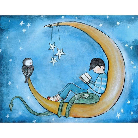 Boy Reading On Moon Black Modern Wood Framed Art Print with Double Matting by Doss, Andrea