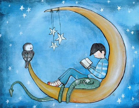 Boy Reading On Moon White Modern Wood Framed Art Print with Double Matting by Doss, Andrea