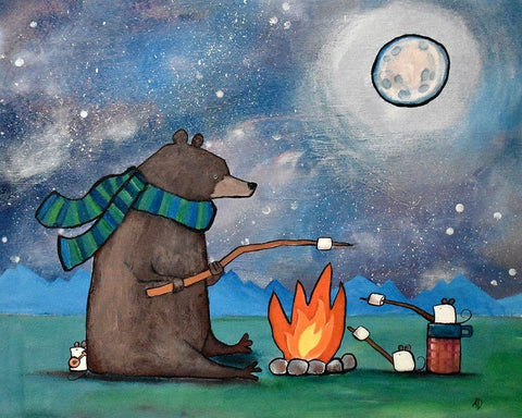 Camping Bear Mouse White Modern Wood Framed Art Print with Double Matting by Doss, Andrea