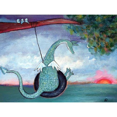 Dragon Swinging White Modern Wood Framed Art Print by Doss, Andrea